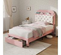 Matteo Pink Velvet Single Bed Frame With Adjustable Biscuit Headboard & Storage Drawer