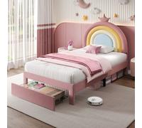 Matteo Pink Velvet Single Bed Frame with Adjustable Rainbow Headboard, Storage Drawer Matteo Pink Single