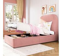 Matteo Pink Velvet Single Bed Frame With Hydraulic Ottoman Storage, Padded Headboard, Kids & Teens, 90X190Cm