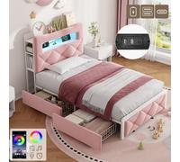 Matteo Pink Velvet Single Bed Frame With Led Button Tufted Headboard, Usb/type-C Charging & 2 Storage Drawers - Easy Assembly