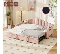 Matteo Pink Velvet Single Daybed With Pull-Out Trundle & Charging Station, Fluted Scalloped Sofa Bed With Storage Pockets