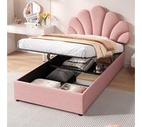 Matteo Pink Velvet Single Ottoman Bed Frame With Adjustable Petal Headboard & Hydraulic Storage, No Box Spring Needed