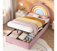 Matteo Pink Velvet Single Ottoman Bed Frame With Adjustable Rainbow Headboard & Crown