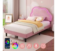 Matteo Pink Velvet Single Upholstered Bed with LED Adjustable Cloud Headboard Matteo Pink Single