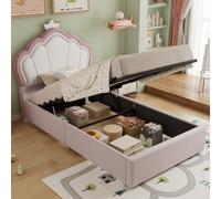 Matteo Pink Velvet Upholstered 3Ft Single Kids Bed With Hydraulic Lift Storage & Elegant Crown Design - Durable Plywood Frame