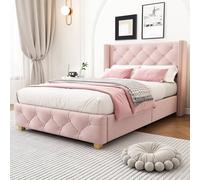 Matteo Pink Velvet Upholstered Single Bed Frame with Button Tufting & Rivets Matteo Pink Single