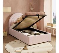 Matteo Pink Velvet Upholstered Single Bed Frame With Hydraulic Storage & Headboard - 3Ft Kids & Teen Bed With Slats