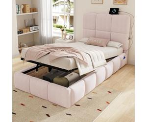 Matteo Pink Velvet Upholstered Single Bed Frame With Hydraulic Storage, Usb Port & Rounded Headboard - 3Ft (90X190Cm)