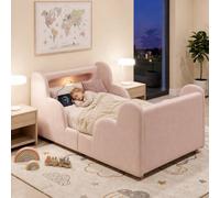 Matteo Pink Velvet Upholstered Toddler Bed - LED Light, Safety Rails | Size: Junior Matteo Pink Junior