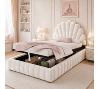 Matteo Princess Single Ottoman Bed Frame With Shell Headboard, Beige Velvet & Hydraulic Storage