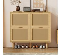 Matteo Rattan Shoe Storage Cabinet - Light Oak Effect With 4 Flip Drawers & Adjustable Shelves For Hallway & Entryway