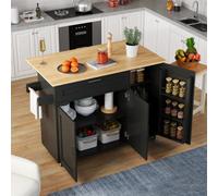 Matteo Rolling Kitchen Island With Extendable Oak-Effect Worktop, Storage & Spice Rack - Black & Natural