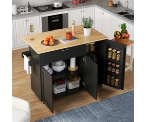 Matteo Rolling Kitchen Island With Extendable Oak-Effect Worktop, Storage & Spice Rack - Black & Natural