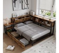 Matteo Rustic Brown Metal Double Bed 4Ft6 With 2 Storage Drawers Wrought Iron Frame, Easy Assembly
