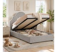Matteo Scalloped Upholstered Kids Single Bed Frame, 3Ft (90X190Cm), Light Gray Linen With Hydraulic Lift Ottoman Storage