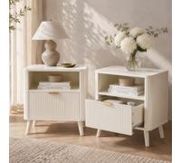 Matteo Set Of 2 Fluted Bedside Tables With Drawer & Shelf, Cream White