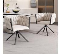 Matteo Set Of 2 Luxurious Beige Velvet Swivel Dining Chairs With Black Steel Legs