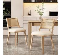 Matteo Set Of 2 Retro Beige Bamboo Dining Armchairs With Pu Seat & Rattan Effect Backrest