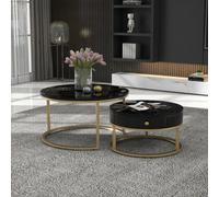 Matteo Set Of 2 Round Nesting Coffee Tables With Storage Drawer, Marble Effect Top & Gold Frame