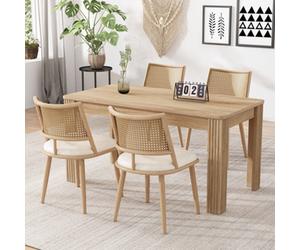 Matteo Set Of 4 Beige Retro Bamboo Dining Chairs With Rattan Effect Backrest & Comfortable Pu Seat For Kitchen/living Room