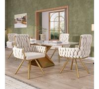 Matteo Set Of 4 Beige Velvet Swivel Dining Chairs With Armrests & Metal Legs