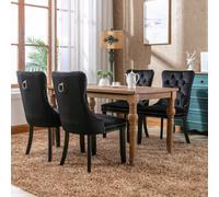 Matteo Set Of 4 Black Velvet Dining Chairs - Button Tufted With Solid Wood Legs & Knocker Ring