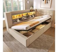 Matteo Single 3Ft Ottoman Daybed: Beige Upholstered Frame With Hydraulic Storage, Usb-C & Fast Charge Usb Ports, Led Lighting