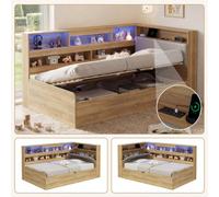 Matteo Single Daybed With Hydraulic Storage, Usb Charging & Led Lights - 90X190Cm, Natural Finish