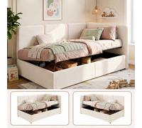 Matteo Single Ottoman Daybed With Hydraulic Storage - Beige Velvet Upholstered, Reversible Chaise