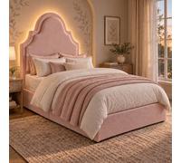 Matteo Single Upholstered Bed Frame - Velvet LED Lighted Princess Bed in Pink Matteo Pink Single