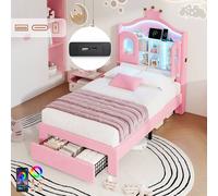 Matteo Single Upholstered Bed - LED Storage, Velvet, Wavy Crown, USB - Pink Matteo Pink Single