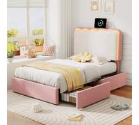 Matteo Single Velvet Bed Frame - LED Headboard, Storage Drawers - Pink Cream Matteo Cream Single