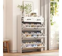 Matteo Slimline White & Black Shoe Cabinet With 3 Flip Doors & 2 Drawers, Adjustable Dividers - Hallway Storage 80X23.5X131Cm