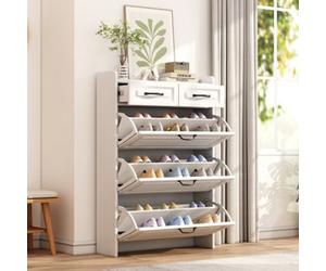 Matteo Slimline White & Black Shoe Cabinet With 3 Flip Doors & 2 Drawers, Adjustable Dividers - Hallway Storage 80X23.5X131Cm