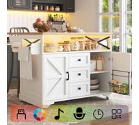 Matteo Smart Mobile Kitchen Island With Drop-Leaf Worktop, App-Controlled Led Lighting & Storage - White Mdf & Metal