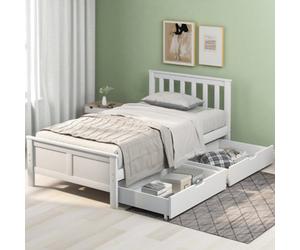 Matteo Solid Pine Wood Single Bed Frame With Under-Bed Storage Drawers, White Finish - Ideal For Uk Diy Home