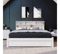 Matteo Space-Saving Double Bed With Shelves, White Wooden Storage, Underbed Drawer - 135 X 190 Cm
