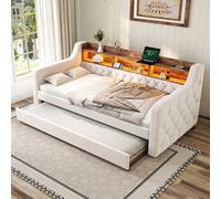 Matteo Space-Saving Velvet Sofa Bed With Storage, Usb-C & Led Ambiance - Beige, 90X190Cm
