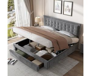Matteo Spacious King-Size Upholstered Bed With Large Storage, Velvet Fabric, Grey, Without Mattress