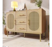 Matteo Spacious Rattan Sideboard Storage Cabinet With 2 Doors, 3 Drawers, Oak Finish, 120X40X74Cm