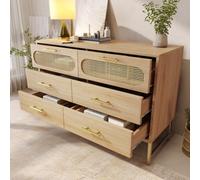 Matteo Spacious Rattan Sideboard Storage Cabinet With 6 Drawers, Metal Handles, Anti-Tip, Oak Finish