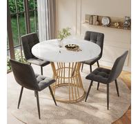 Matteo Stylish 5-Piece Dining Table Set, 100Cm Round White Marble-Effect Mdf Top, Golden Metal Legs & 4 Grey Linen Chairs