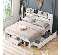 Matteo Stylish Uk Double Bed Frame With Usb Charging, Drawers & Headboard Storage, White