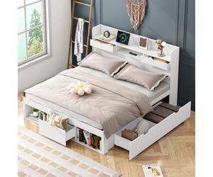 Matteo Stylish Uk Double Bed Frame With Usb Charging, Drawers & Headboard Storage, White