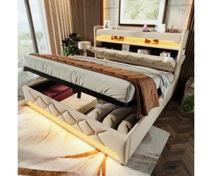 Matteo Super King 6Ft Upholstered Storage Bed Frame With Smart Led Lighting, Usb & Usb-C Charging Headboard, Beige Linen
