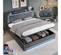Matteo Super King Grey Linen Ottoman Bed Frame With Hydraulic Storage, Led Lights & Usb Charging