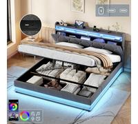 Matteo Super King Grey Linen Upholstered Bed Frame With Hydraulic Storage, Rgb Led Headboard, Usb-C Charging