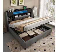 Matteo Super King Grey Upholstered Bed Frame With Hydraulic Storage, Led & Charging Station