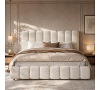 Matteo Super King Hydraulic Storage Bed Frame With Bouclé Upholstered Headboard - White