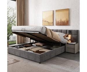 Matteo Super King Ottoman Bed Frame, Grey Velvet Upholstered With Hydraulic Storage, Wide Headboard, Usb & Reading Light